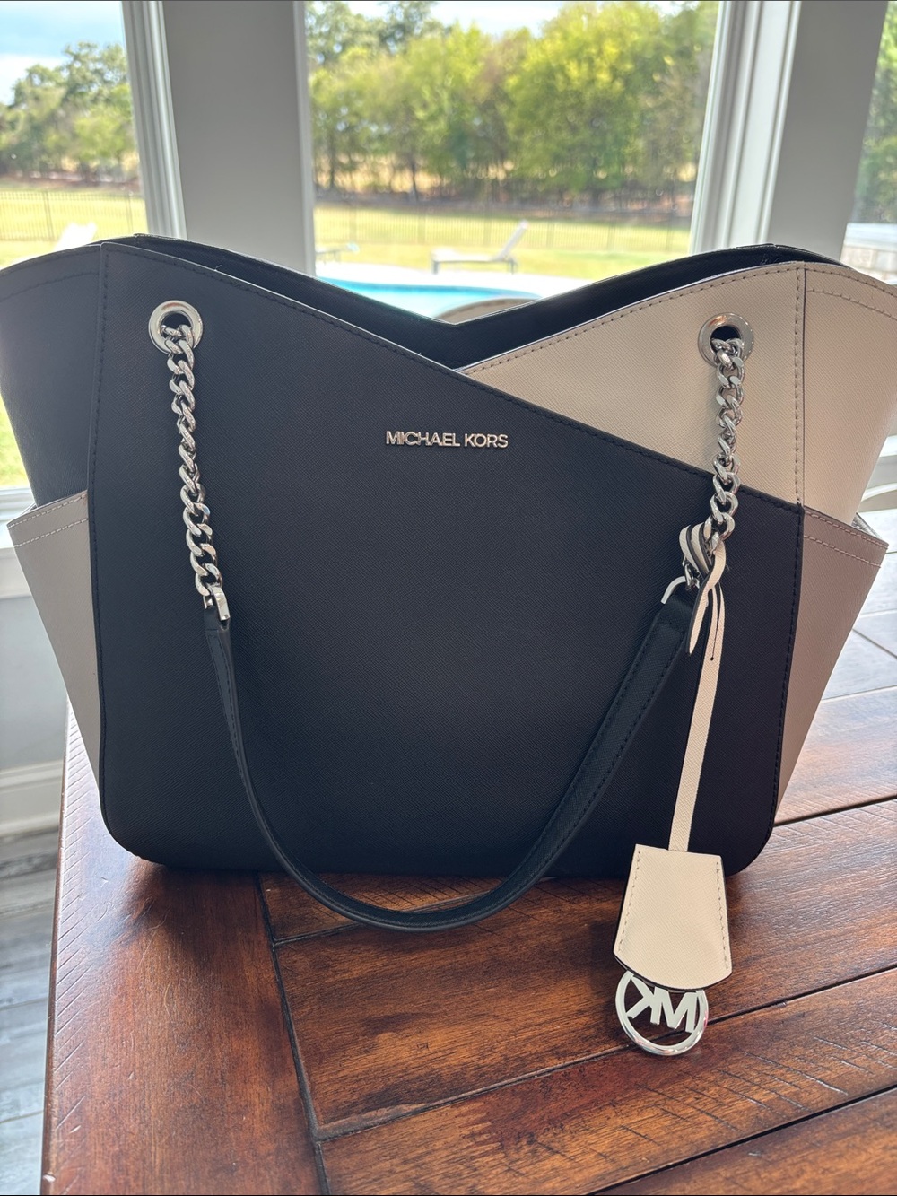 Michael Kors Black and Taupe Colorblock Saffiano Shoulder Bag